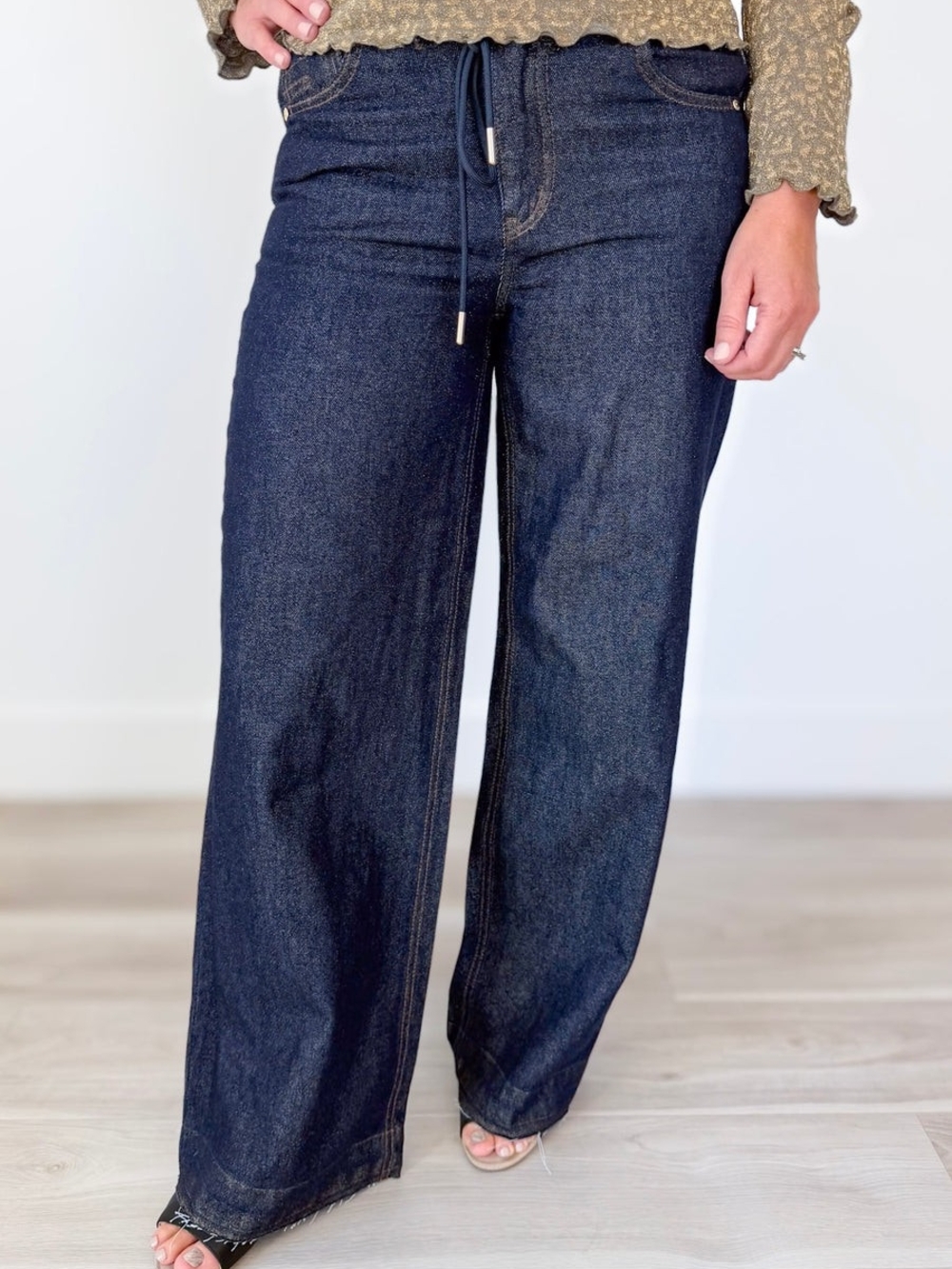 Democracy Wide-Leg Drawstring Jeans in Dark Indigo